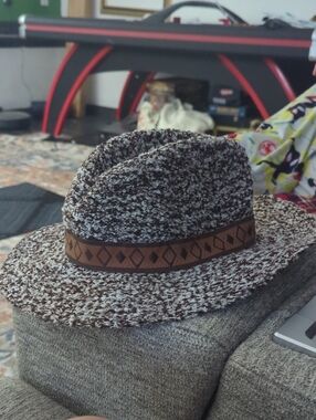 Brown & Cream Woven Hat with Decorative Band